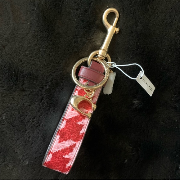 NEW! COACH Houndstooth Loop Bag Charm Key Ring w/ Trigger Snap, Pink/Red, NWT! - Picture 3 of 10